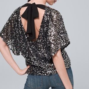 White House Black Market Sequin Tie Back Sparkly Paillette Blouse Top